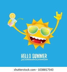 hello summer rock n roll vector label or logo. summer cocktail party poster background with funky smiling sun character wearing sunglasses and holding cocktail glass with lemon and drinking straw.