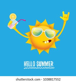 hello summer rock n roll vector label or logo. summer cocktail party poster background with funky smiling sun character wearing sunglasses and holding cocktail glass with lemon and drinking straw.