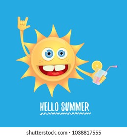 hello summer rock n roll vector label or logo. summer cocktail party poster background with funky smiling sun character wearing sunglasses and holding cocktail glass with lemon and drinking straw.