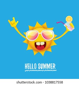 hello summer rock n roll vector label or logo. summer cocktail party poster background with funky smiling sun character wearing sunglasses and holding cocktail glass with lemon and drinking straw.