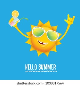 hello summer rock n roll vector label or logo. summer cocktail party poster background with funky smiling sun character wearing sunglasses and holding cocktail glass with lemon and drinking straw.