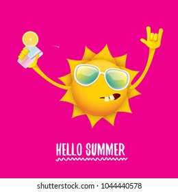 hello summer rock n roll vector label or logo. summer cocktail party poster background with funky smiling sun character wearing sunglasses and holding cocktail glass with lemon and drinking straw.