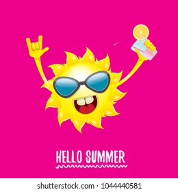 hello summer rock n roll vector label or logo. summer cocktail party poster background with funky smiling sun character wearing sunglasses and holding cocktail glass with lemon and drinking straw.