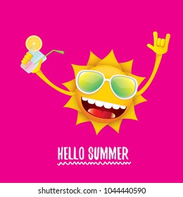 hello summer rock n roll vector label or logo. summer cocktail party poster background with funky smiling sun character wearing sunglasses and holding cocktail glass with lemon and drinking straw.