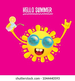 hello summer rock n roll vector label or logo. summer cocktail party poster background with funky smiling sun character wearing sunglasses and holding cocktail glass with lemon and drinking straw.