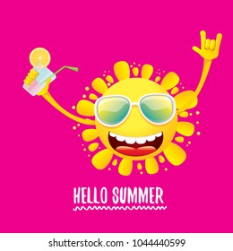 Hello Summer Rock N Roll Vector Label Or Logo. Summer Cocktail Party Poster Background With Funky Smiling Sun Character Wearing Sunglasses And Holding Cocktail Glass With Lemon And Drinking Straw.