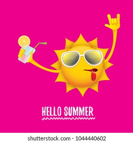 hello summer rock n roll vector label or logo. summer cocktail party poster background with funky smiling sun character wearing sunglasses and holding cocktail glass with lemon and drinking straw.