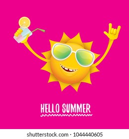 hello summer rock n roll vector label or logo. summer cocktail party poster background with funky smiling sun character wearing sunglasses and holding cocktail glass with lemon and drinking straw.