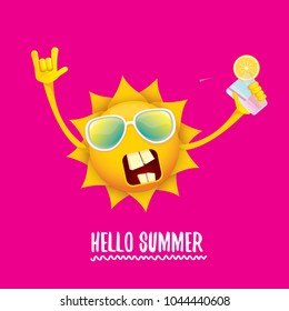 hello summer rock n roll vector label or logo. summer cocktail party poster background with funky smiling sun character wearing sunglasses and holding cocktail glass with lemon and drinking straw.