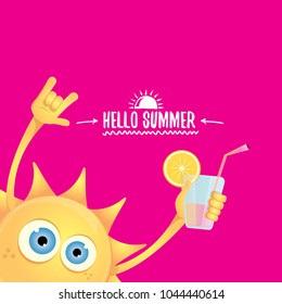 hello summer rock n roll vector label or logo. summer cocktail party poster background with funky smiling sun character wearing sunglasses and holding cocktail glass with lemon and drinking straw.