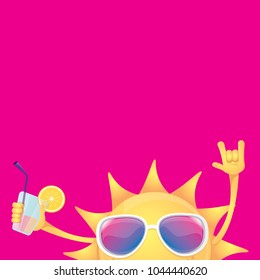 hello summer rock n roll vector label or logo. summer cocktail party poster background with funky smiling sun character wearing sunglasses and holding cocktail glass with lemon and drinking straw.