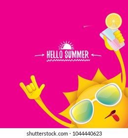 hello summer rock n roll vector label or logo. summer cocktail party poster background with funky smiling sun character wearing sunglasses and holding cocktail glass with lemon and drinking straw.