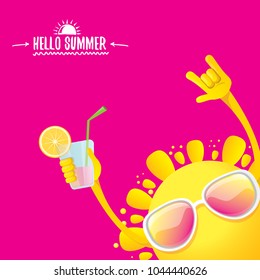 hello summer rock n roll vector label or logo. summer cocktail party poster background with funky smiling sun character wearing sunglasses and holding cocktail glass with lemon and drinking straw.