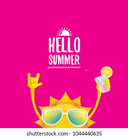 hello summer rock n roll vector label or logo. summer cocktail party poster background with funky smiling sun character wearing sunglasses and holding cocktail glass with lemon and drinking straw.