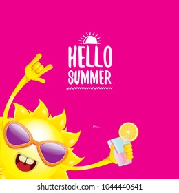 hello summer rock n roll vector label or logo. summer cocktail party poster background with funky smiling sun character wearing sunglasses and holding cocktail glass with lemon and drinking straw.