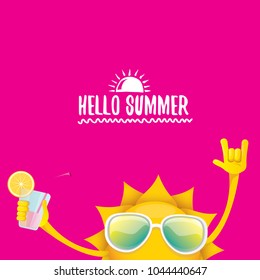 hello summer rock n roll vector label or logo. summer cocktail party poster background with funky smiling sun character wearing sunglasses and holding cocktail glass with lemon and drinking straw.