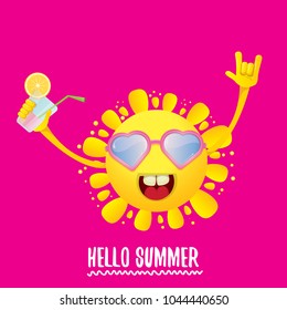 hello summer rock n roll vector label or logo. summer cocktail party poster background with funky smiling sun character wearing sunglasses and holding cocktail glass with lemon and drinking straw.