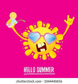 hello summer rock n roll vector label or logo. summer cocktail party poster background with funky smiling sun character wearing sunglasses and holding cocktail glass with lemon and drinking straw.