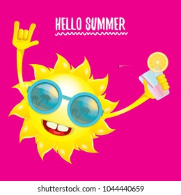 hello summer rock n roll vector label or logo. summer cocktail party poster background with funky smiling sun character wearing sunglasses and holding cocktail glass with lemon and drinking straw.