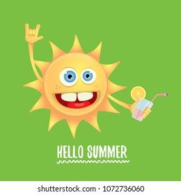 hello summer rock n roll vector label or logo. summer cocktail party poster background with funky smiling sun character wearing sunglasses and holding cocktail glass with lemon and drinking straw.