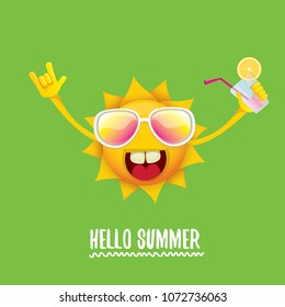 hello summer rock n roll vector label or logo. summer cocktail party poster background with funky smiling sun character wearing sunglasses and holding cocktail glass with lemon and drinking straw.