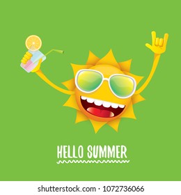 hello summer rock n roll vector label or logo. summer cocktail party poster background with funky smiling sun character wearing sunglasses and holding cocktail glass with lemon and drinking straw.