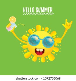 hello summer rock n roll vector label or logo. summer cocktail party poster background with funky smiling sun character wearing sunglasses and holding cocktail glass with lemon and drinking straw.