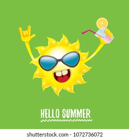 hello summer rock n roll vector label or logo. summer cocktail party poster background with funky smiling sun character wearing sunglasses and holding cocktail glass with lemon and drinking straw.