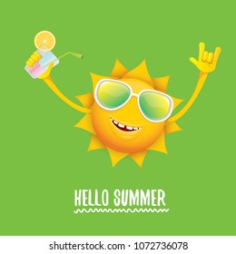 hello summer rock n roll vector label or logo. summer cocktail party poster background with funky smiling sun character wearing sunglasses and holding cocktail glass with lemon and drinking straw.