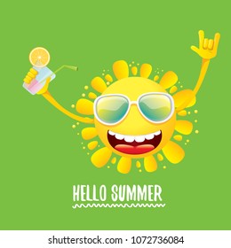 hello summer rock n roll vector label or logo. summer cocktail party poster background with funky smiling sun character wearing sunglasses and holding cocktail glass with lemon and drinking straw.