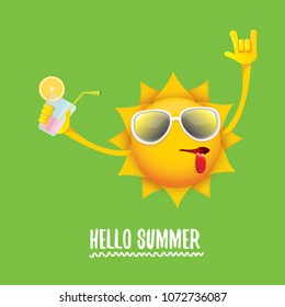 hello summer rock n roll vector label or logo. summer cocktail party poster background with funky smiling sun character wearing sunglasses and holding cocktail glass with lemon and drinking straw.