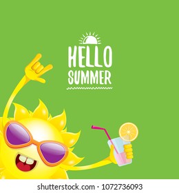 hello summer rock n roll vector label or logo. summer cocktail party poster background with funky smiling sun character wearing sunglasses and holding cocktail glass with lemon and drinking straw.
