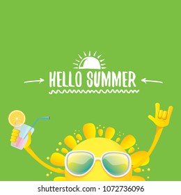 hello summer rock n roll vector label or logo. summer cocktail party poster background with funky smiling sun character wearing sunglasses and holding cocktail glass with lemon and drinking straw.