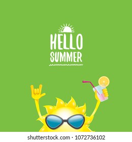hello summer rock n roll vector label or logo. summer cocktail party poster background with funky smiling sun character wearing sunglasses and holding cocktail glass with lemon and drinking straw.