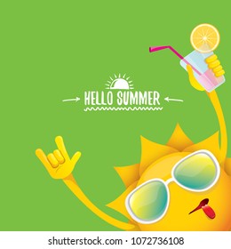 hello summer rock n roll vector label or logo. summer cocktail party poster background with funky smiling sun character wearing sunglasses and holding cocktail glass with lemon and drinking straw.