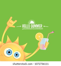 hello summer rock n roll vector label or logo. summer cocktail party poster background with funky smiling sun character wearing sunglasses and holding cocktail glass with lemon and drinking straw.