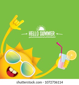 hello summer rock n roll vector label or logo. summer cocktail party poster background with funky smiling sun character wearing sunglasses and holding cocktail glass with lemon and drinking straw.