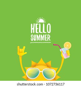 hello summer rock n roll vector label or logo. summer cocktail party poster background with funky smiling sun character wearing sunglasses and holding cocktail glass with lemon and drinking straw.