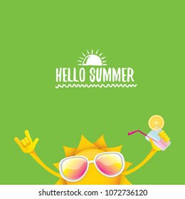 hello summer rock n roll vector label or logo. summer cocktail party poster background with funky smiling sun character wearing sunglasses and holding cocktail glass with lemon and drinking straw.