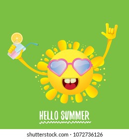 hello summer rock n roll vector label or logo. summer cocktail party poster background with funky smiling sun character wearing sunglasses and holding cocktail glass with lemon and drinking straw.