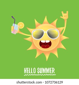 hello summer rock n roll vector label or logo. summer cocktail party poster background with funky smiling sun character wearing sunglasses and holding cocktail glass with lemon and drinking straw.
