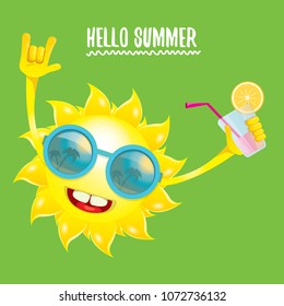 hello summer rock n roll vector label or logo. summer cocktail party poster background with funky smiling sun character wearing sunglasses and holding cocktail glass with lemon and drinking straw.