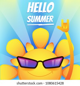 Hello summer rock n roll vector illustration. Summer party fun sun character. Can be used for design cards, invitations, gift cards, flyers.