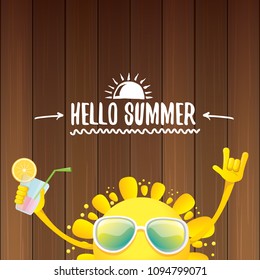hello summer rock n roll vector label or logo. summer cocktail party poster background with funky smiling sun character wearing sunglasses and holding cocktail glass with lemon and drinking straw.