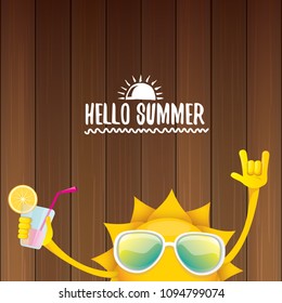 hello summer rock n roll vector label or logo. summer cocktail party poster background with funky smiling sun character wearing sunglasses and holding cocktail glass with lemon and drinking straw.