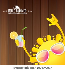 hello summer rock n roll vector label or logo. summer cocktail party poster background with funky smiling sun character wearing sunglasses and holding cocktail glass with lemon and drinking straw.