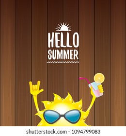 hello summer rock n roll vector label or logo. summer cocktail party poster background with funky smiling sun character wearing sunglasses and holding cocktail glass with lemon and drinking straw.