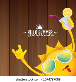 hello summer rock n roll vector label or logo. summer cocktail party poster background with funky smiling sun character wearing sunglasses and holding cocktail glass with lemon and drinking straw.