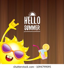 hello summer rock n roll vector label or logo. summer cocktail party poster background with funky smiling sun character wearing sunglasses and holding cocktail glass with lemon and drinking straw.