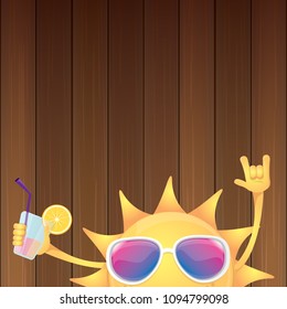 hello summer rock n roll vector label or logo. summer cocktail party poster background with funky smiling sun character wearing sunglasses and holding cocktail glass with lemon and drinking straw.